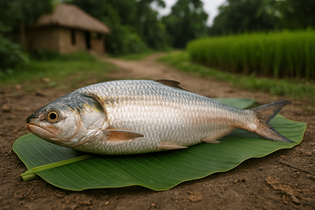 hilsa fish in a traditional Bangladeshi village setting