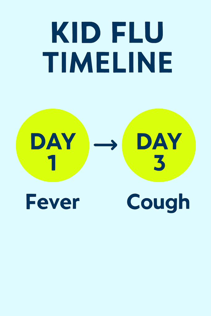 Simple infographic showing kid flu timeline—day 1 fever, day 3 cough