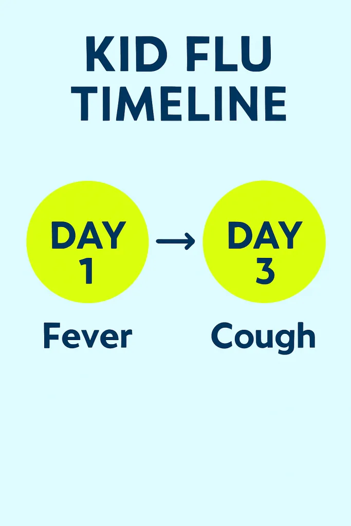 Simple infographic showing kid flu timeline—day 1 fever day 3 cough | Coughing Up Green Phlegm No Fever? My 2025 Guide to Flu Fixes, Green Snot Secrets, and Why Olbas Oil Diffuser Is a Game-Changer | TamzidulHaque.com Simple infographic showing kid flu timeline—day 1 fever, day 3 cough