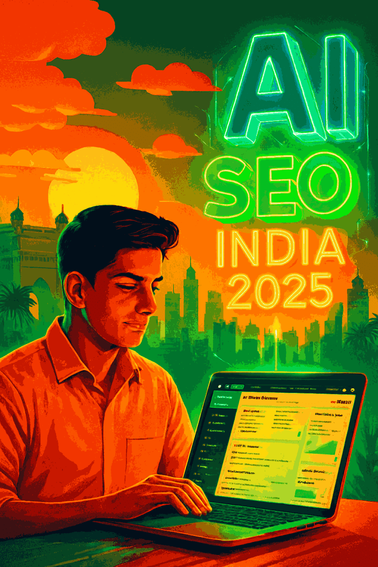 Best AI tools for high-ranking content in India 2025 illustration — Indian creator at laptop with SEMrush dashboard, glowing AI holograms of SEO India 2025 keywords above Mumbai skyline in saffron and green
