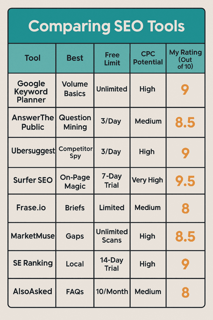 AI content optimization tools 2025 | Best Free AI Tools for Keyword Research & SEO Optimization in 2025 (USA/Canada Guide) | TamzidulHaque.com Comparison chart of top AI SEO tools 2025 for beginners – keyword research and optimization features.