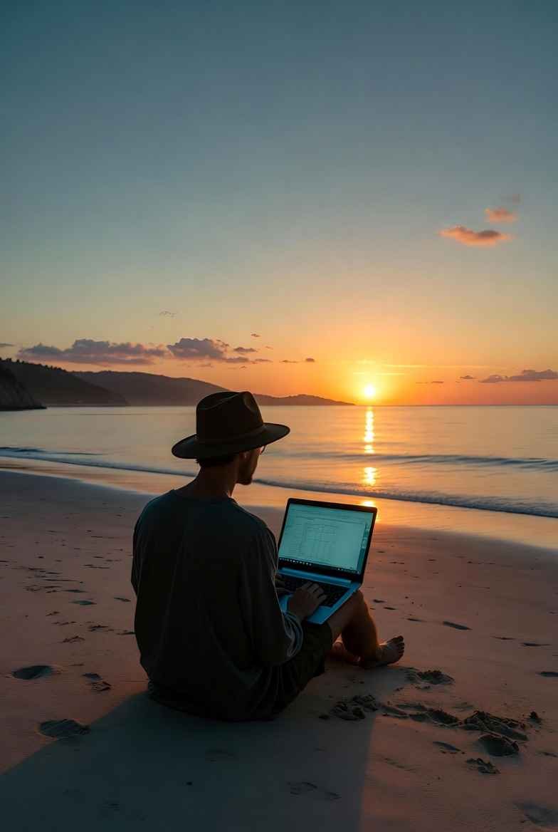 digital nomad work life balance | Digital Nomad Work Life Balance in 2025: My Real Routine That Works | TamzidulHaque.com Digital nomad achieving perfect work life balance working on laptop at sunset beach in Thailand 2025