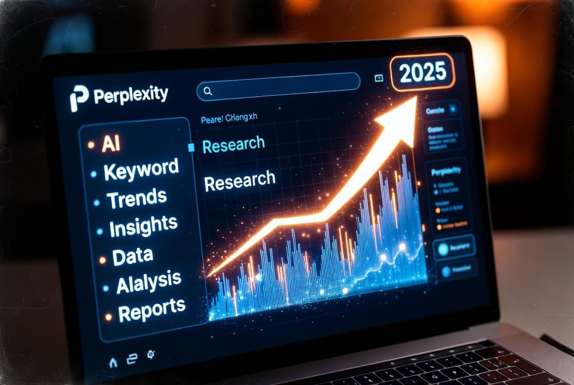 A vibrant mobile optimized image Laptop screen showing Perplexity interface with glowing keyword lists overlaid with upward arrow graphs and 2025 badge | Unlock SEO Magic: 15 Best Perplexity AI SEO Prompts Examples to Skyrocket Your Rankings in 2025 | TamzidulHaque.com A vibrant, mobile-optimized image Laptop screen showing Perplexity interface with glowing keyword lists, overlaid with upward arrow graphs and 2025 badge.