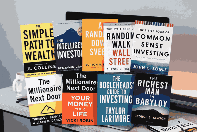 Collage of 7 colorful book covers on a millennial desk with coffee mug and laptop—Best Investing Books for Millennials 2025 by Tamzidul Haque