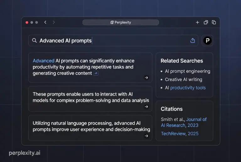 Illustration of advanced AI prompts on Perplexity interface with search results and citations, 2025 style