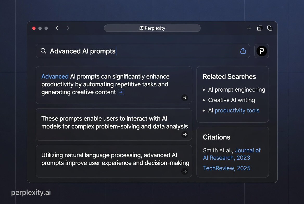 Illustration of advanced AI prompts on Perplexity interface with search results and citations 2025 style | 50+ Advanced Perplexity AI Prompts You Can Use for Free in 2025: Master Prompt Engineering for Better Research and Results | TamzidulHaque.com Illustration of advanced AI prompts on Perplexity interface with search results and citations, 2025 style