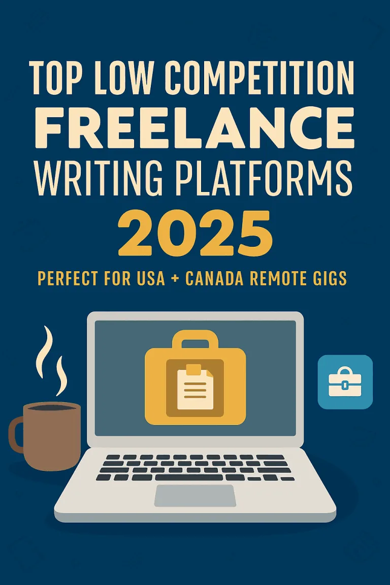 Top low competition freelance sites for writers 2025 graphic with laptop, coffee, and job icons