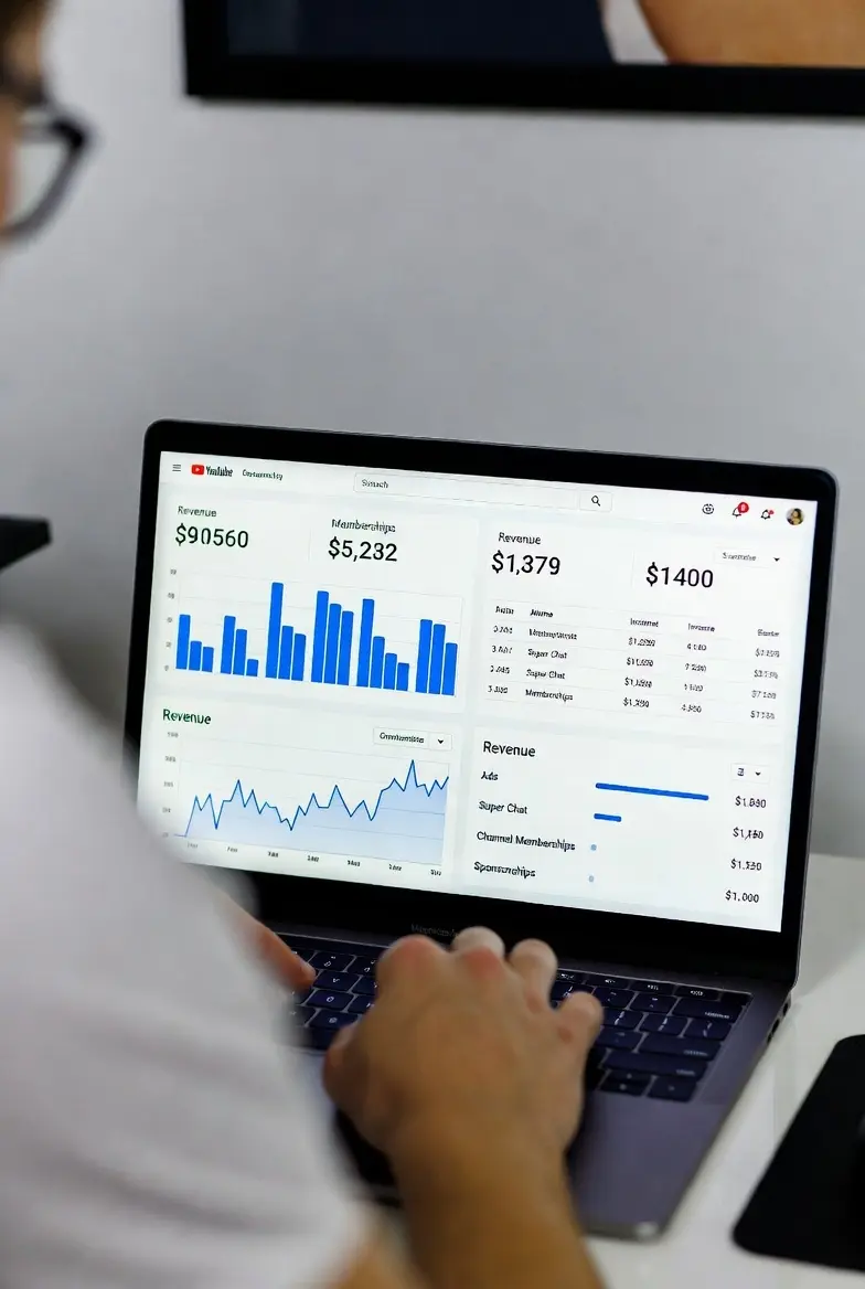 Creator analyzing YouTube analytics dashboard on laptop showing earnings from multiple monetization streams including ads and sponsorships | 17 Real Ways to Make Money on YouTube in 2026: Proven Strategies for Creators | TamzidulHaque.com make money on youtube