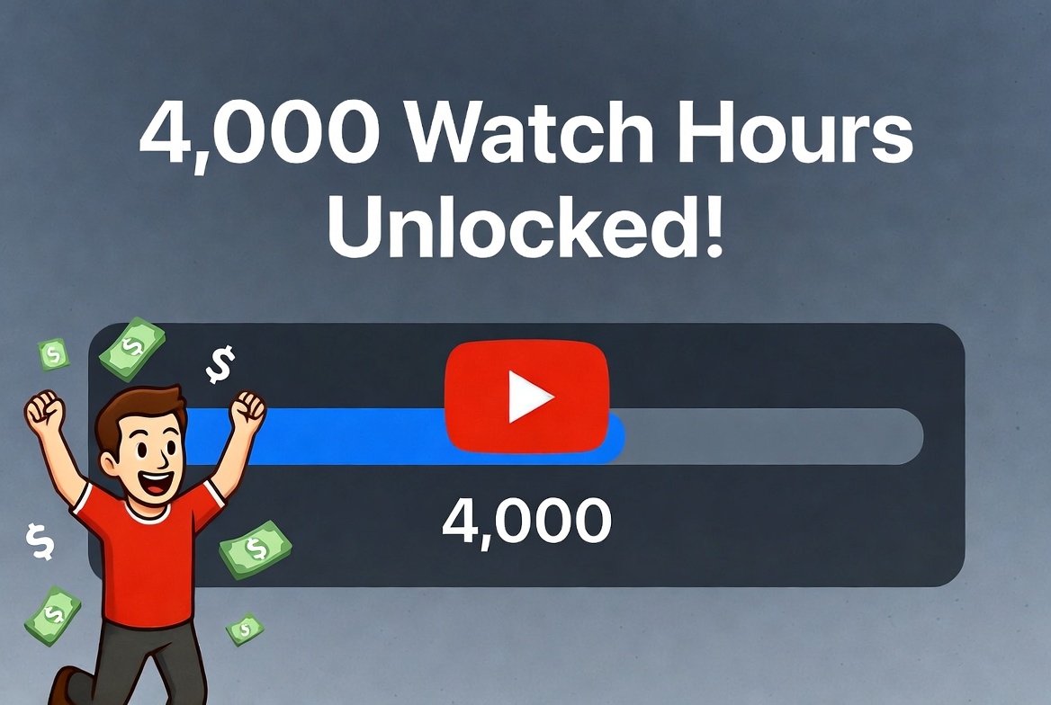 Progress bar reaching 4000 watch hours on YouTube for monetization in 2026 with creator celebrating AdSense earnings | How to Get 4000 Watch Hours on YouTube Fast in 2026 (Proven Strategies for Monetization) | TamzidulHaque.com how to get 4000 watch hours on YouTube