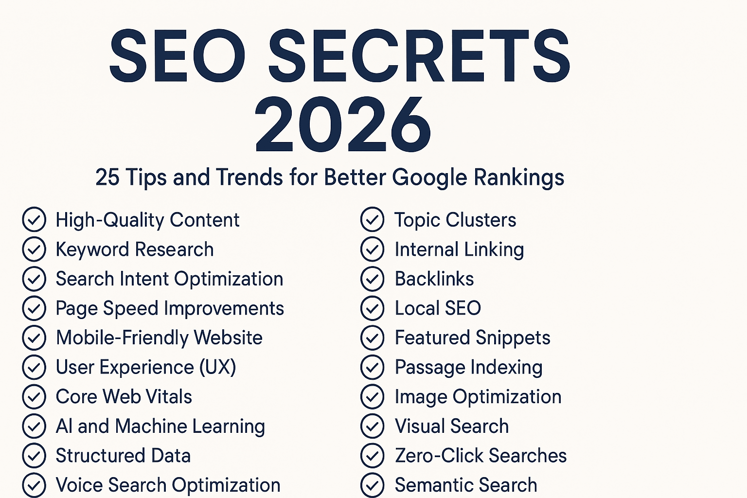 SEO secrets 2026 infographic with 25 tips and trends for better Google rankings