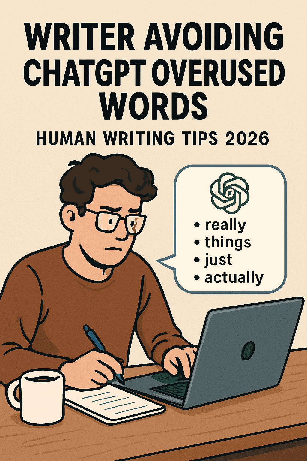 Writer avoiding ChatGPT overused words at laptop with coffee – human writing tips 2026 | 15 ChatGPT Overused Words & Phrases to Avoid in 2026 | TamzidulHaque.com Writer avoiding ChatGPT overused words at laptop with coffee – human writing tips 2026