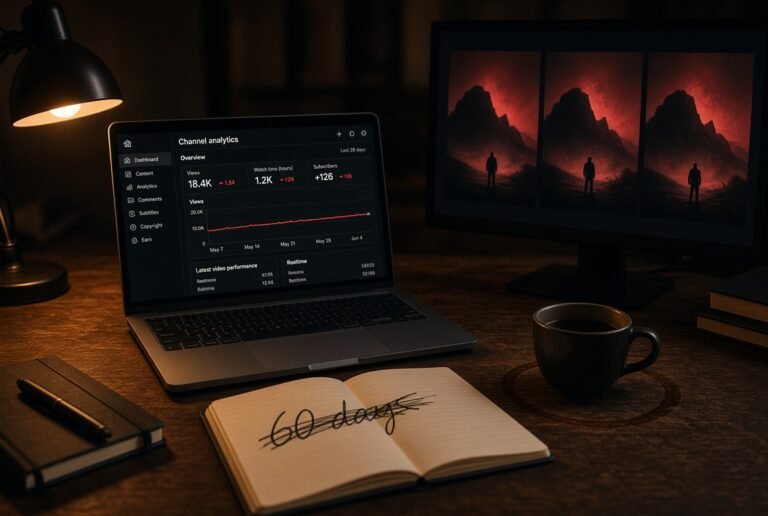 Featured image A dim desk at night, laptop open on YouTube Studio with a flat red analytics line, a second screen showing three identical faceless thumbnails side by side, a coffee ring, a notebook with “60 days” crossed out. Warm lamp light, no face, no logos. Pinterest crop 23 with the same scene tighter on the notebook and the flat graph. Alt text notebook and YouTube analytics after a 60-day faceless channel copy test.